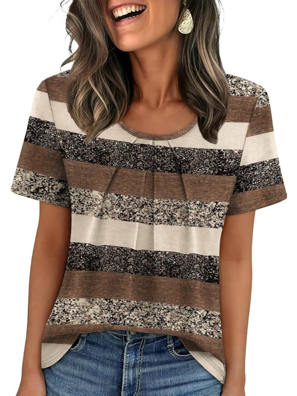 Women's Striped Print Floral Pleated Blouse Short Sleeve Casual Summer Tunic Top